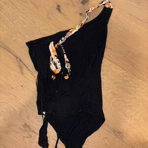 Free People Black One-Shoulder Bodysuit with Floral Strap